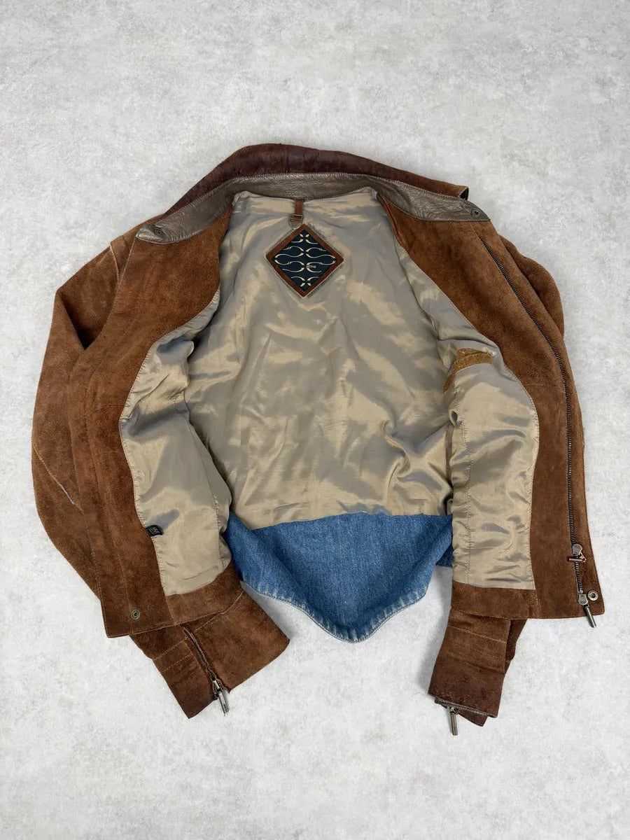 AW2005 Cavalli Contemporary Detachable Sleeves Brown Suede Denim Leather Jacket gEQGAbJ 11