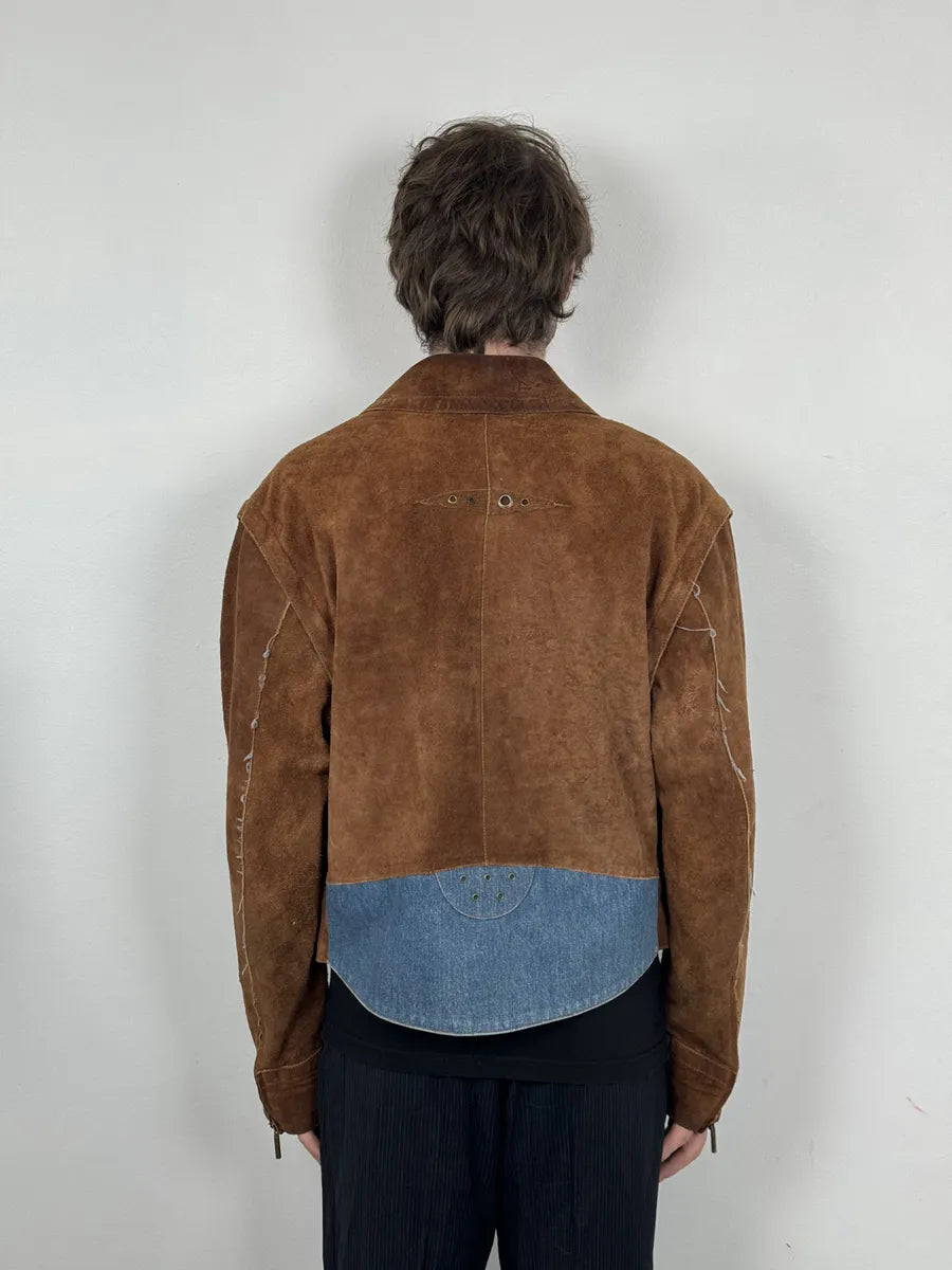 AW2005 Cavalli Contemporary Detachable Sleeves Brown Suede Denim Leather Jacket gEQGAbJ 3