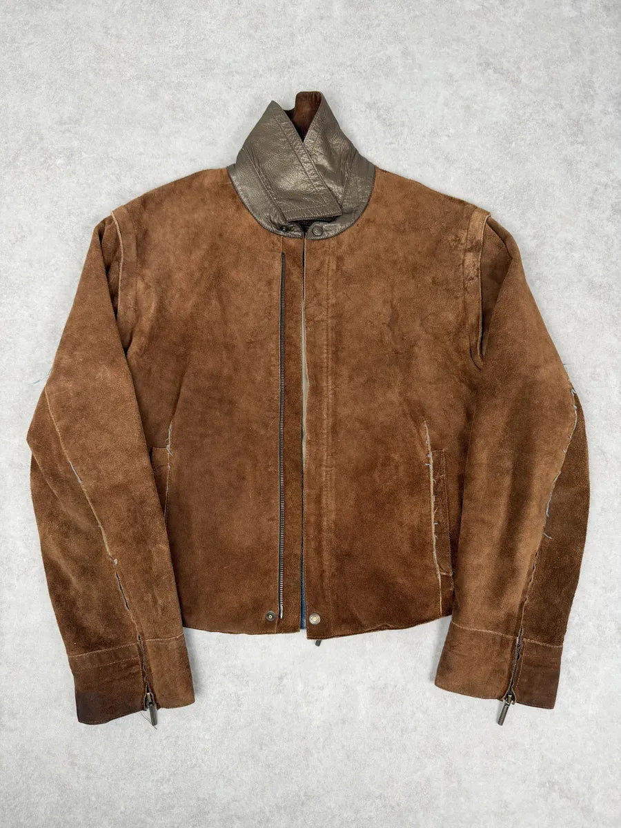 AW2005 Cavalli Contemporary Detachable Sleeves Brown Suede Denim Leather Jacket gEQGAbJ 4