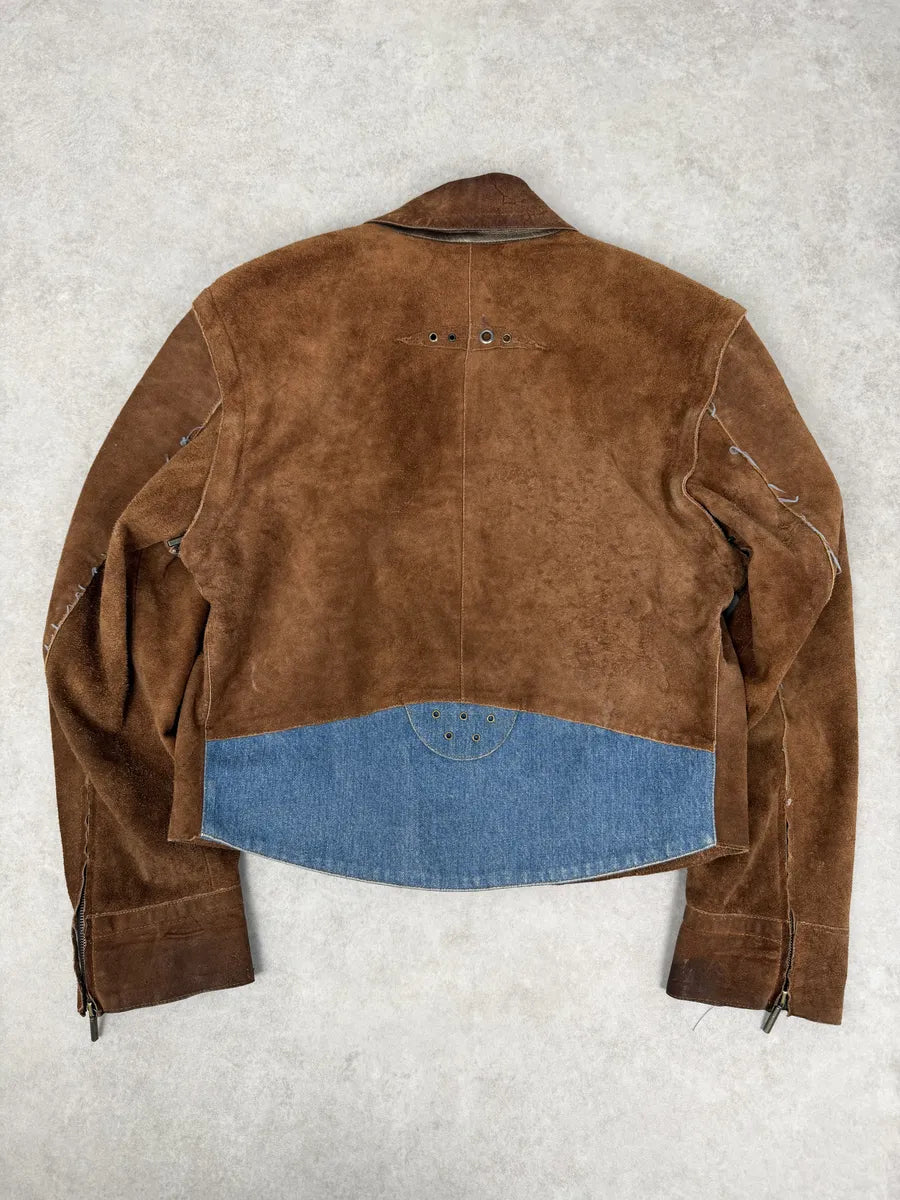AW2005 Cavalli Contemporary Detachable Sleeves Brown Suede Denim Leather Jacket gEQGAbJ 5