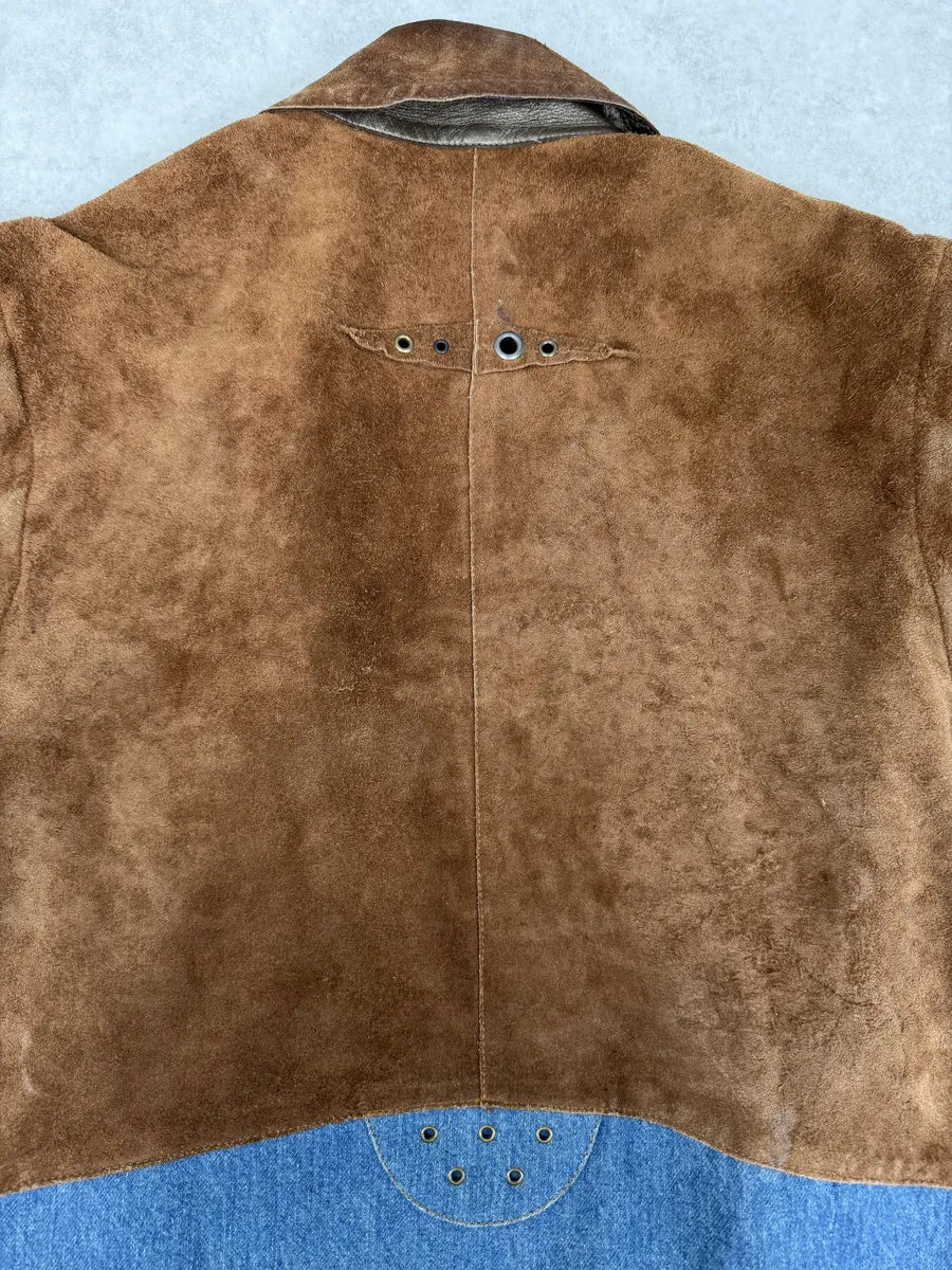 AW2005 Cavalli Contemporary Detachable Sleeves Brown Suede Denim Leather Jacket gEQGAbJ 6