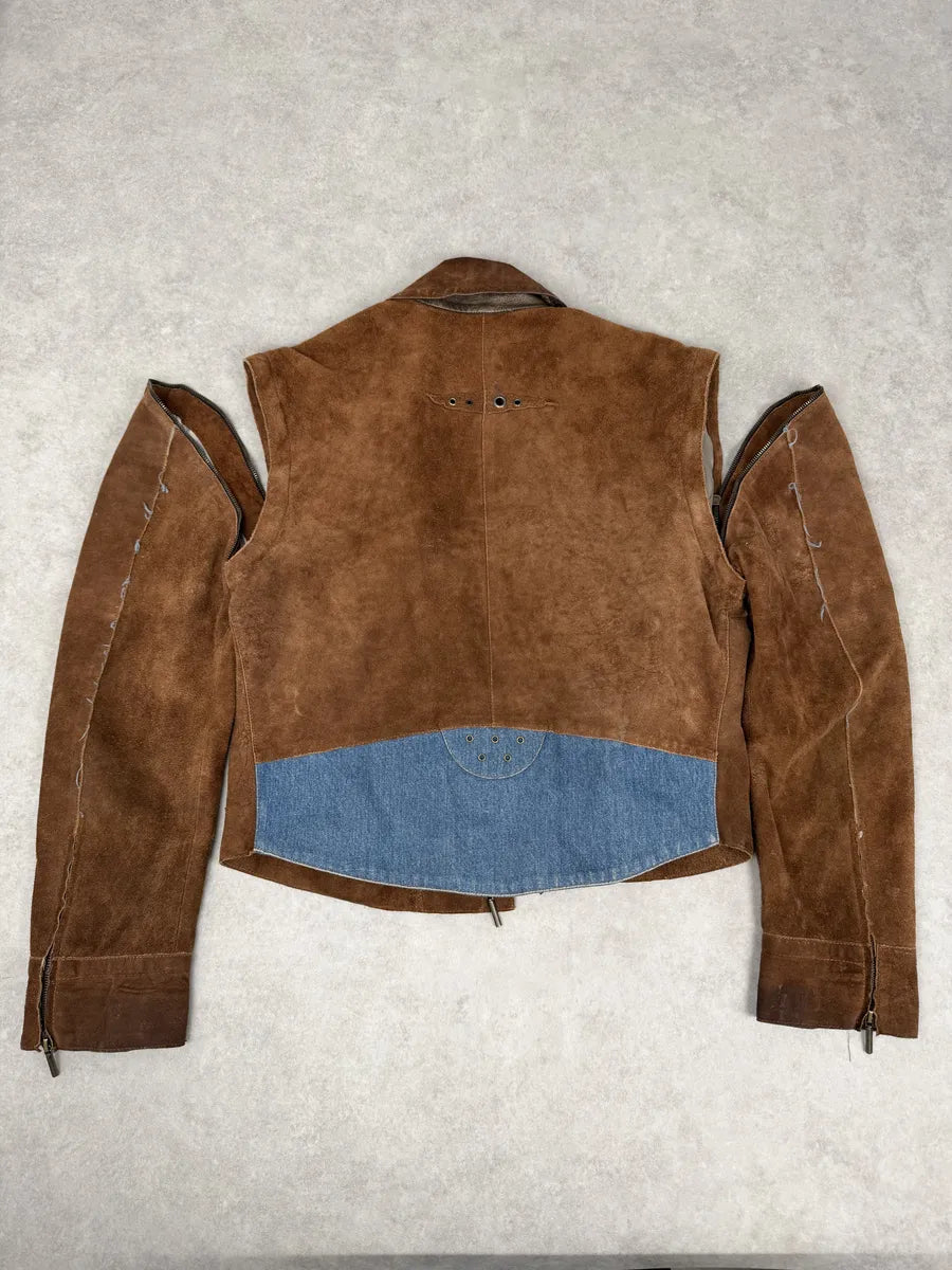 AW2005 Cavalli Contemporary Detachable Sleeves Brown Suede Denim Leather Jacket gEQGAbJ 7