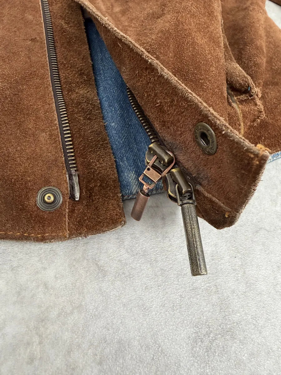 AW2005 Cavalli Contemporary Detachable Sleeves Brown Suede Denim Leather Jacket gEQGAbJ 8