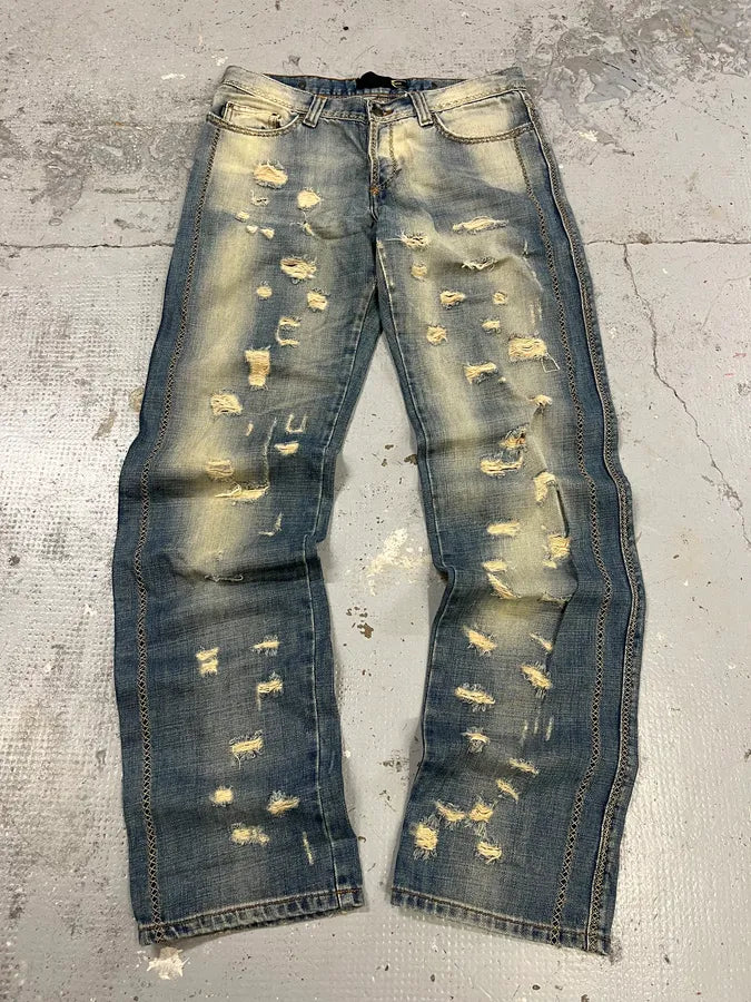 AW2005 Cavalli Cross Stiches Distressed Blue Denim Jeans  IoFEjBz 0