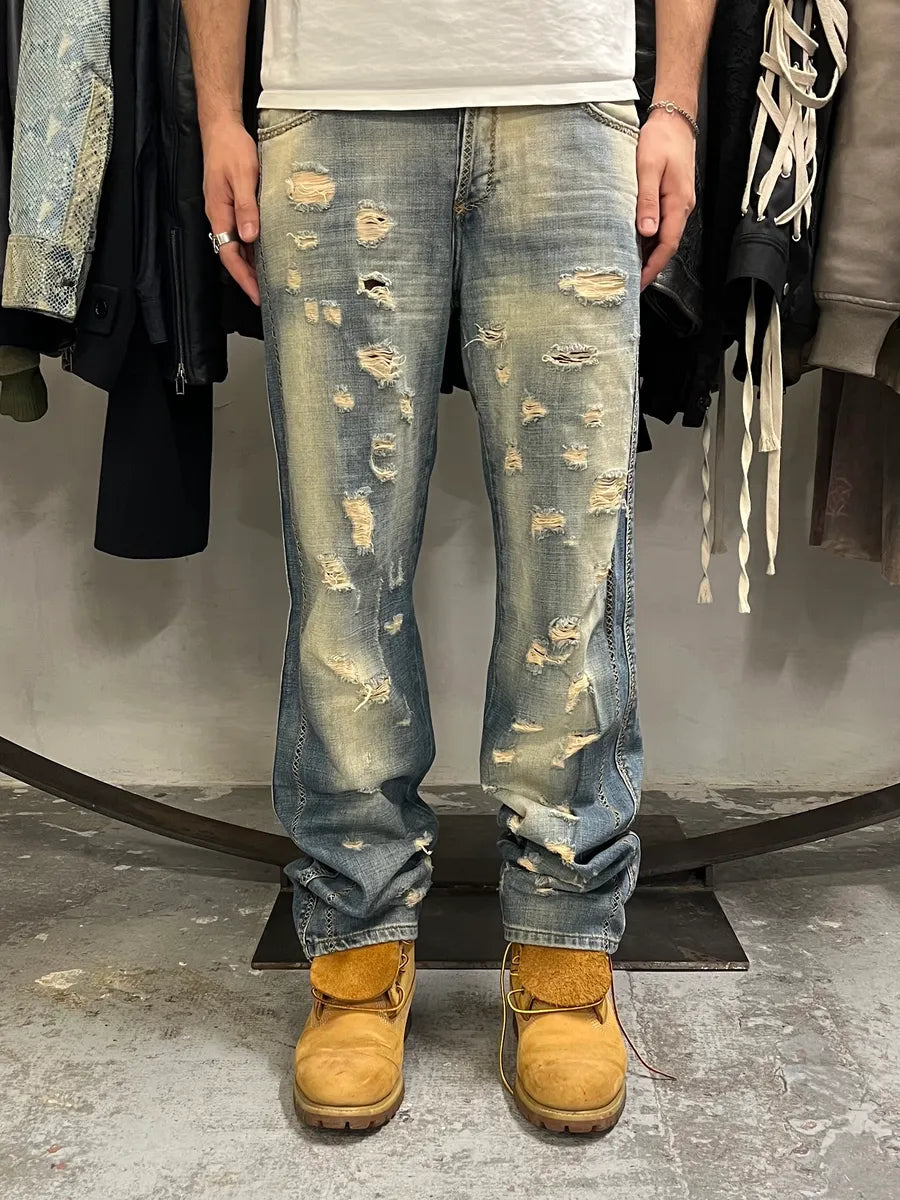 AW2005 Cavalli Cross Stiches Distressed Blue Denim Jeans  IoFEjBz 1
