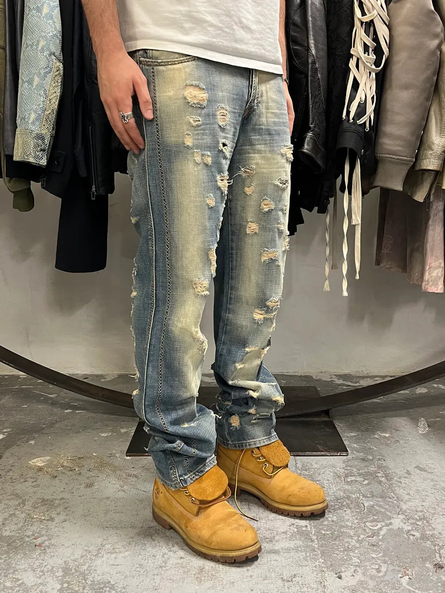 AW2005 Cavalli Cross Stiches Distressed Blue Denim Jeans  IoFEjBz 2
