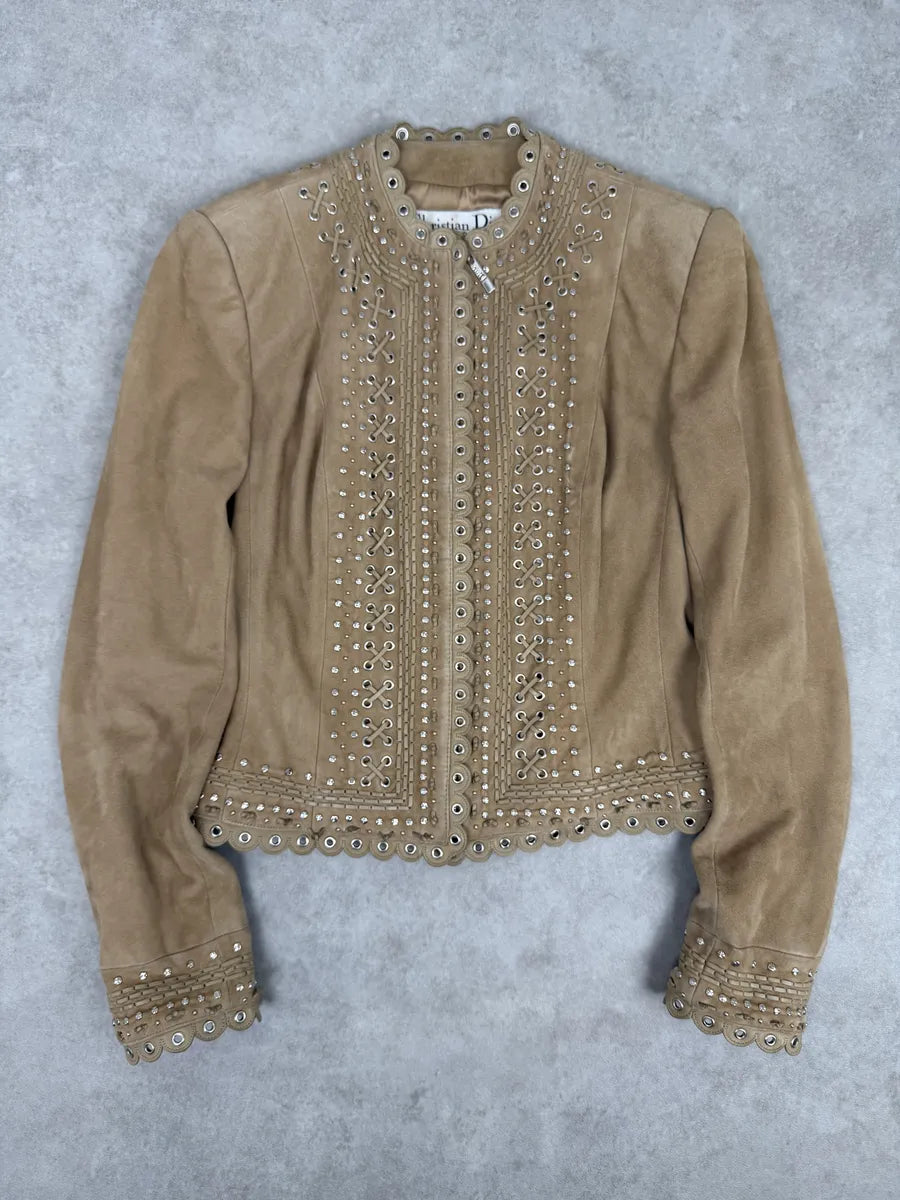 AW2005 Christian Dior Beige Suede Studded Embellished Leather Jacket RgoTPFA 0