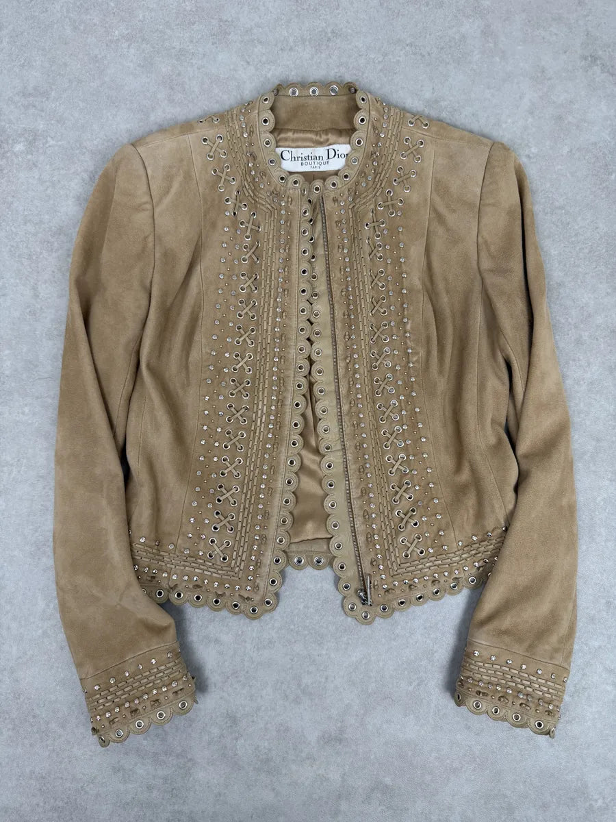 AW2005 Christian Dior Beige Suede Studded Embellished Leather Jacket RgoTPFA 1