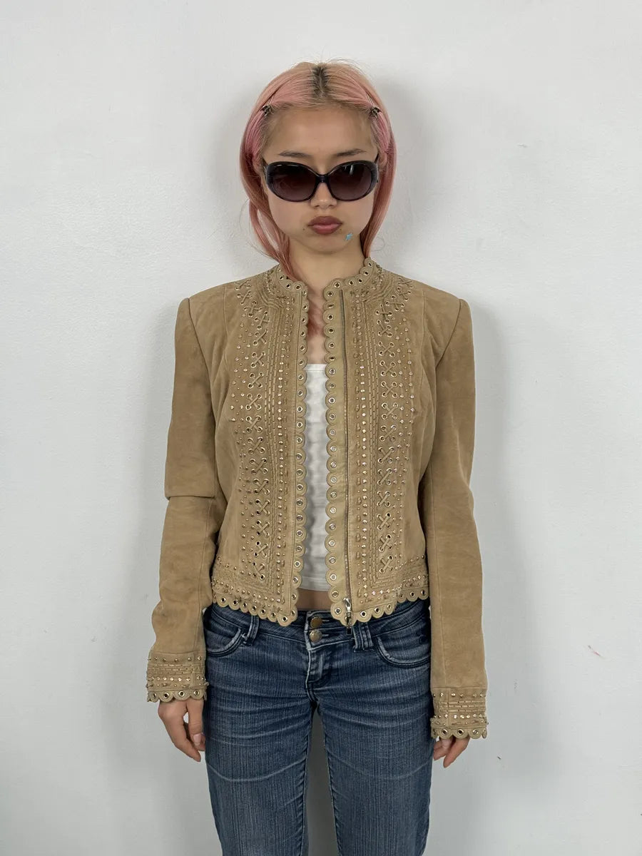 AW2005 Christian Dior Beige Suede Studded Embellished Leather Jacket RgoTPFA 2