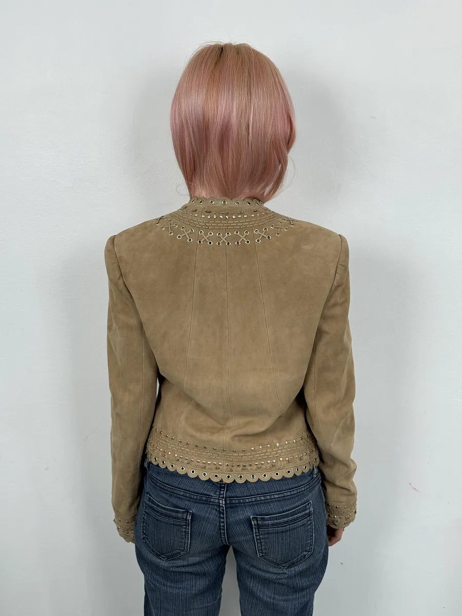 AW2005 Christian Dior Beige Suede Studded Embellished Leather Jacket RgoTPFA 3