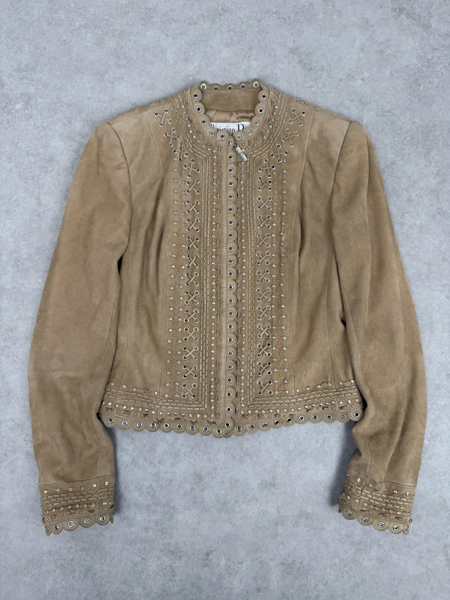 AW2005 Christian Dior Beige Suede Studded Embellished Leather Jacket RgoTPFA 4