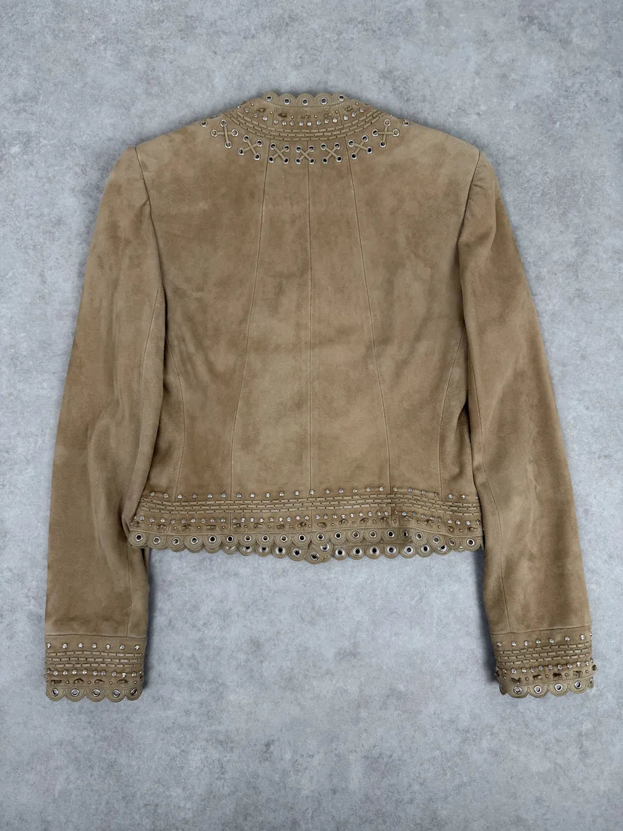 AW2005 Christian Dior Beige Suede Studded Embellished Leather Jacket RgoTPFA 5