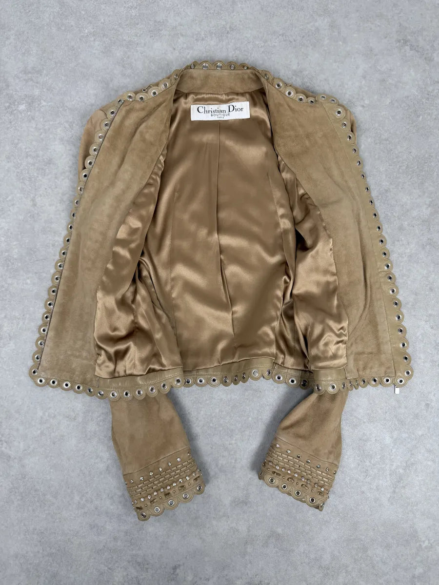 AW2005 Christian Dior Beige Suede Studded Embellished Leather Jacket RgoTPFA 6