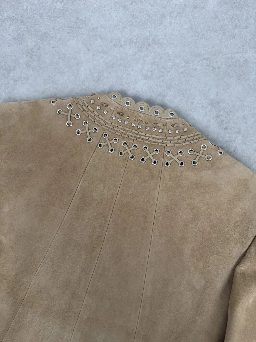 AW2005 Christian Dior Beige Suede Studded Embellished Leather Jacket RgoTPFA 7
