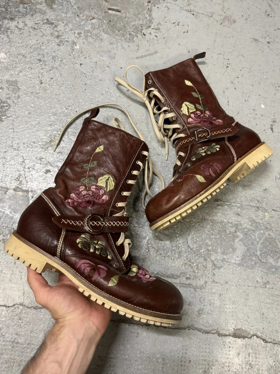 AW2005 Dior Brown Flowers Embroideries Ankle Boots by John Galliano yfDNHiS 0