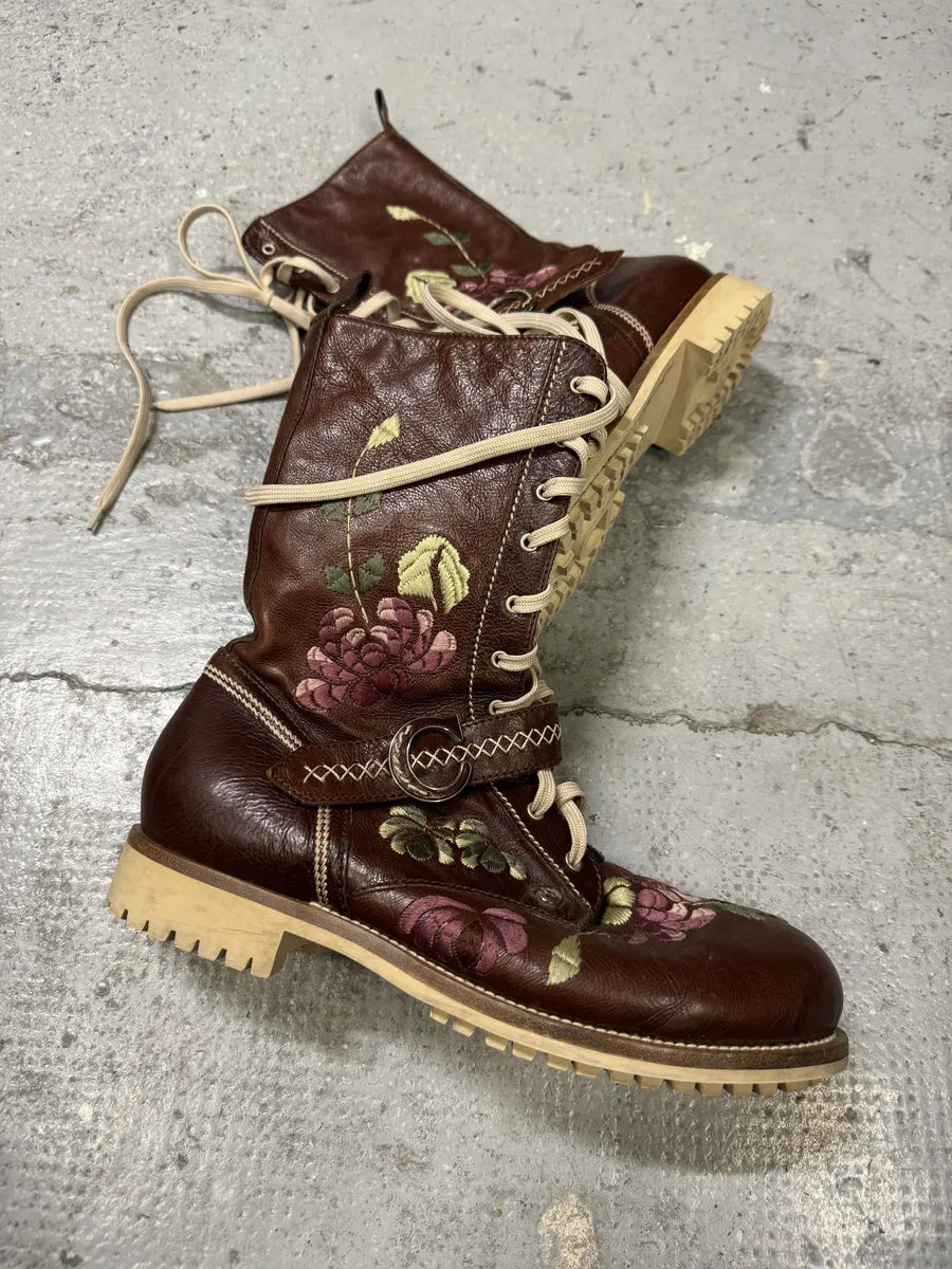 AW2005 Dior Brown Flowers Embroideries Ankle Boots by John Galliano yfDNHiS 1