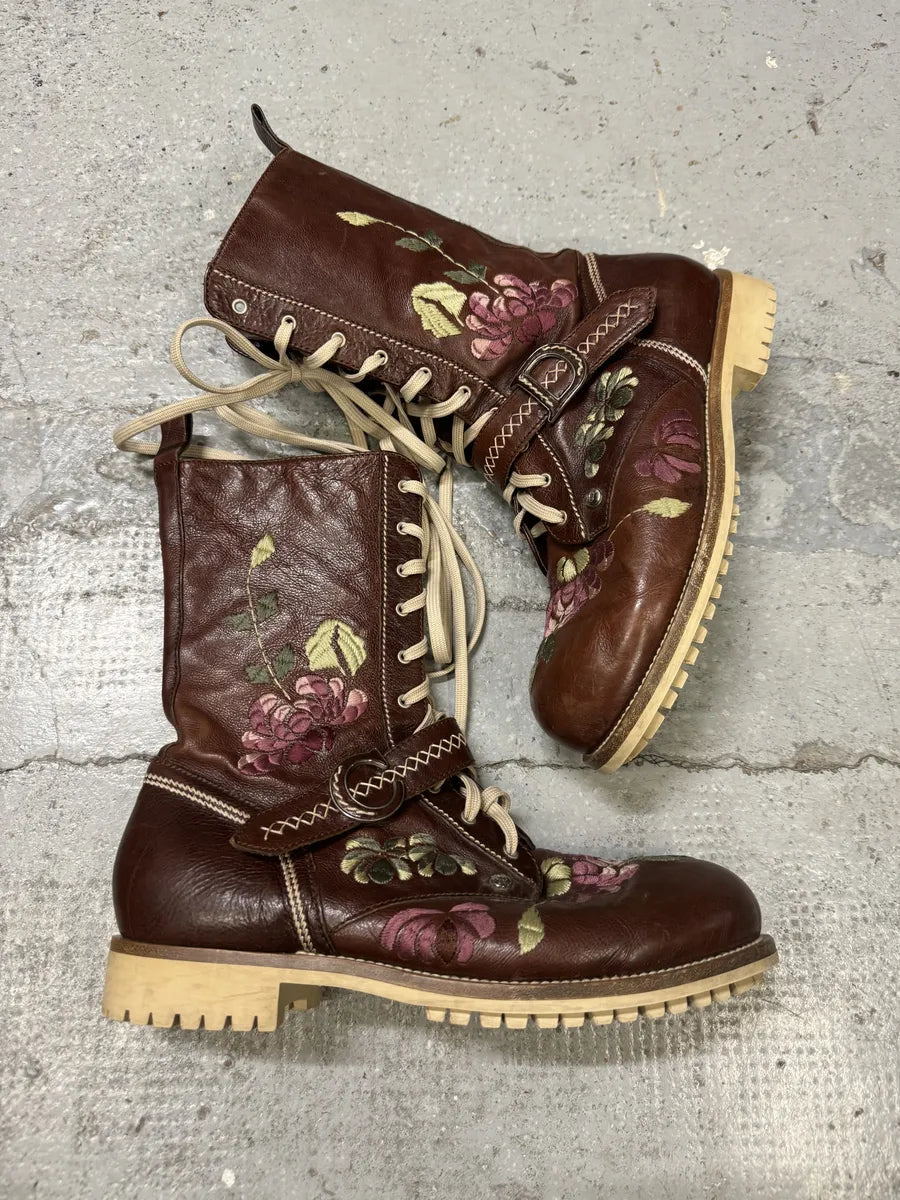 AW2005 Dior Brown Flowers Embroideries Ankle Boots by John Galliano yfDNHiS 2