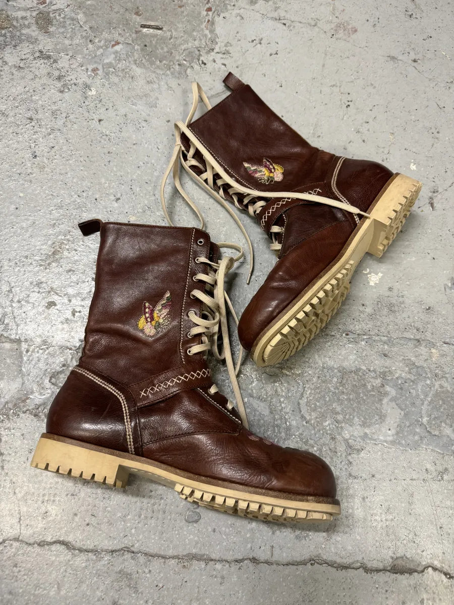 AW2005 Dior Brown Flowers Embroideries Ankle Boots by John Galliano yfDNHiS 4