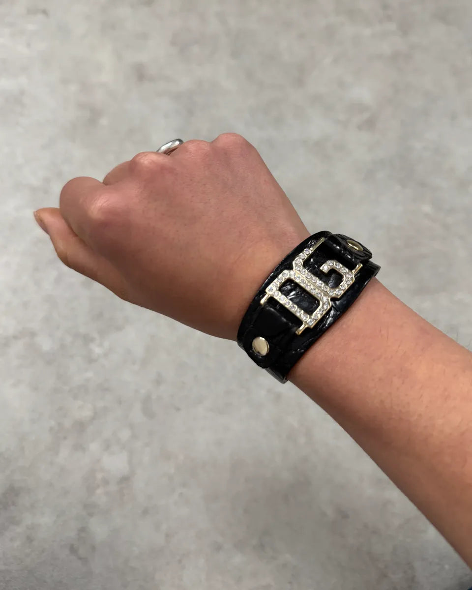 AW2005 Dolce & Gabbana Black Leather Gold DG Logo Bracelet WOxPbBT 0