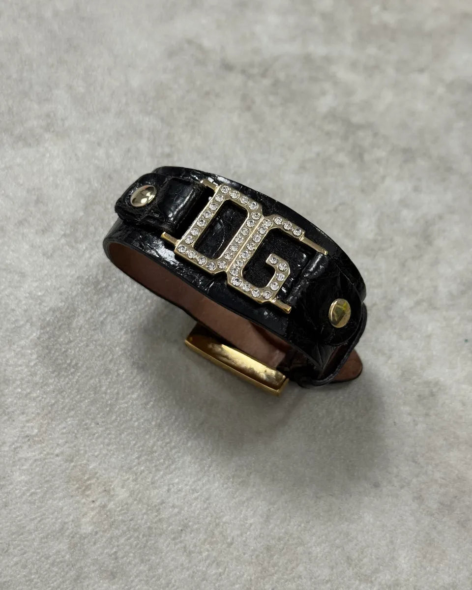 AW2005 Dolce & Gabbana Black Leather Gold DG Logo Bracelet WOxPbBT 1
