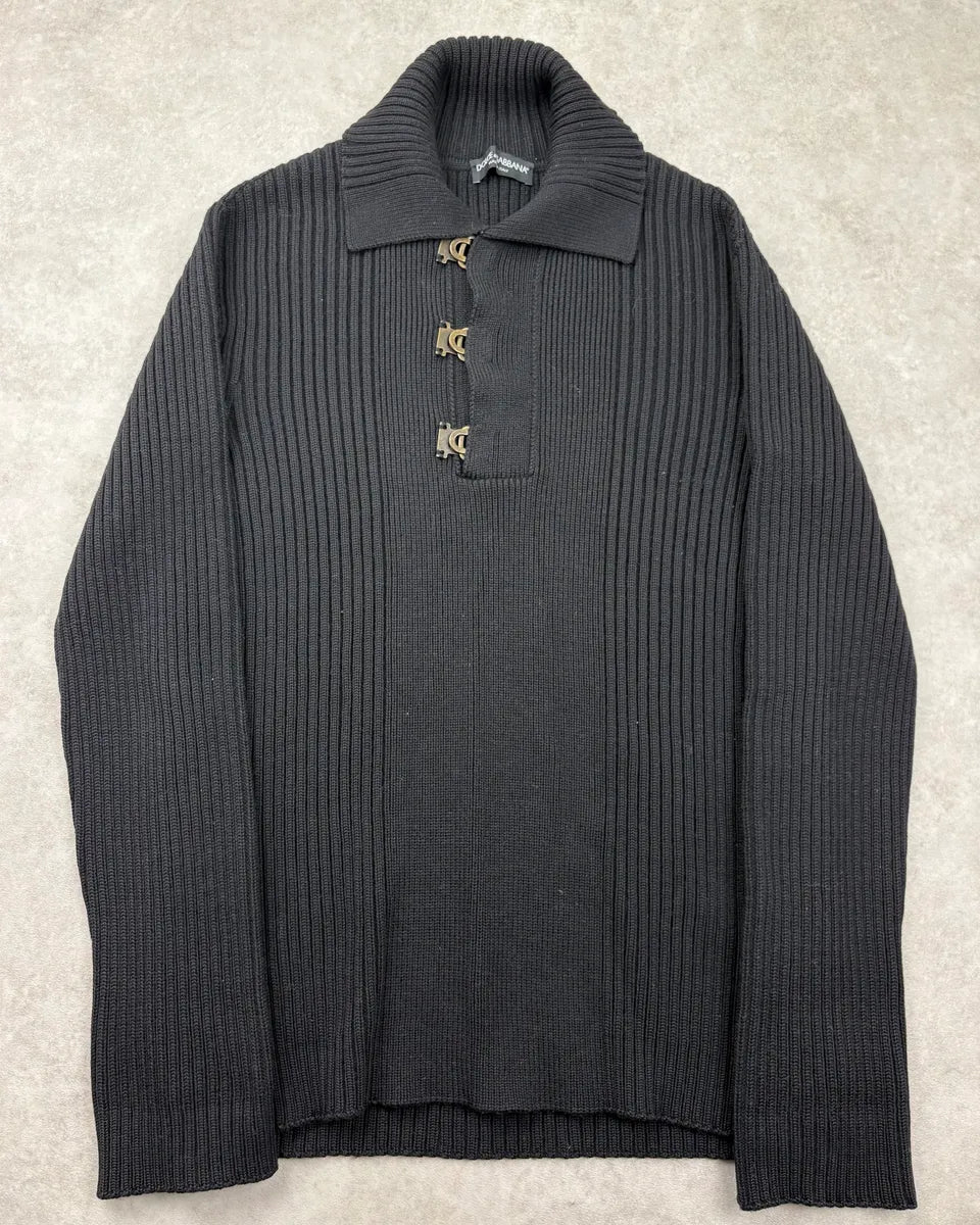 AW2005 Dolce & Gabbana Black Wool Ribbed Buckle Collar Sweater OCeoDeF 0