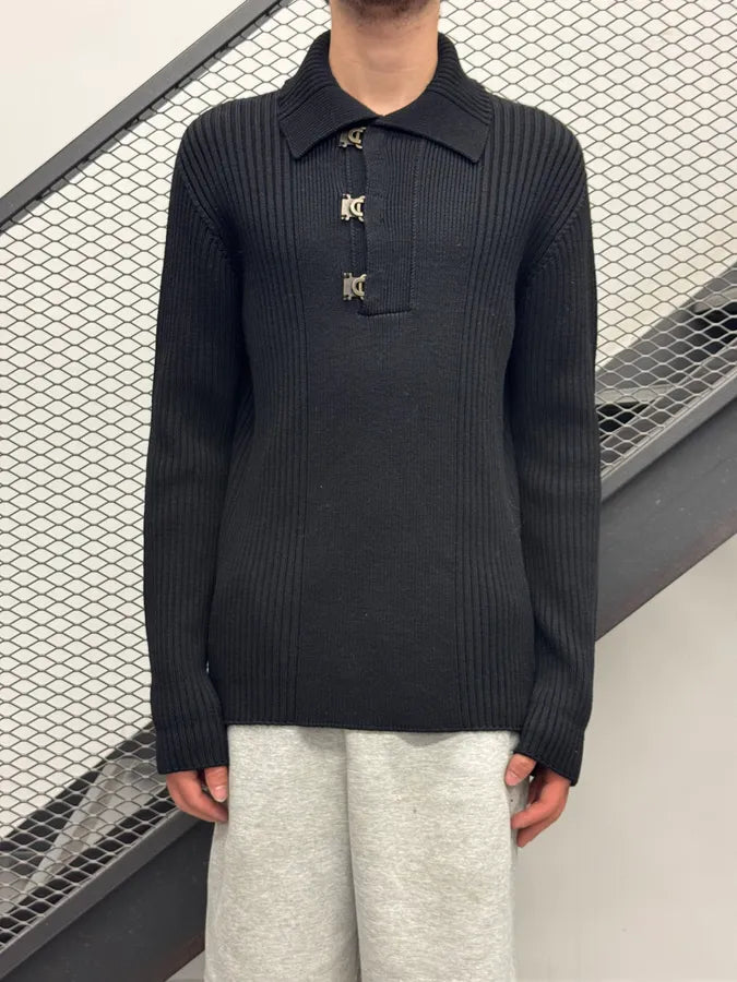AW2005 Dolce & Gabbana Black Wool Ribbed Buckle Collar Sweater OCeoDeF 1