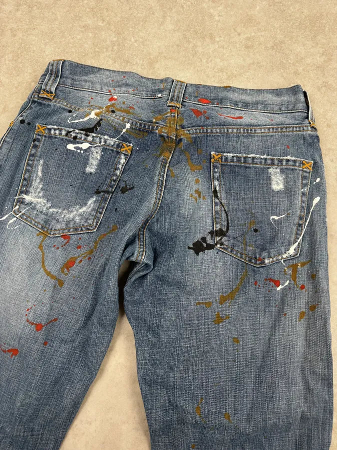 AW2005 Dolce & Gabbana Blue Abstract Painted Denim Jeans GmPvoYU 6