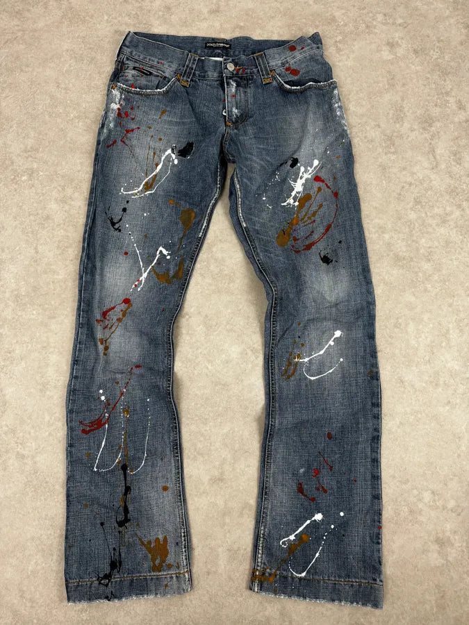 AW2005 Dolce & Gabbana Blue Abstract Painted Denim Jeans GmPvoYU 0