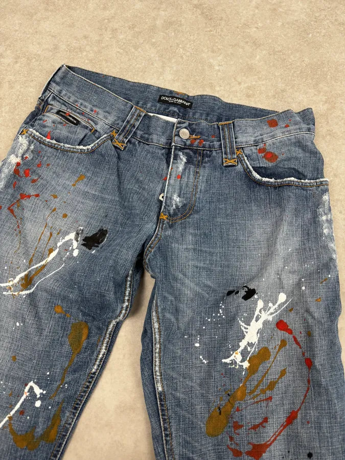 AW2005 Dolce & Gabbana Blue Abstract Painted Denim Jeans GmPvoYU 5