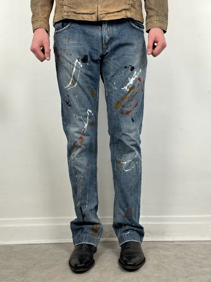 AW2005 Dolce & Gabbana Blue Abstract Painted Denim Jeans GmPvoYU 1