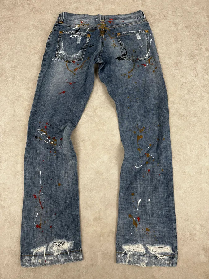 AW2005 Dolce & Gabbana Blue Abstract Painted Denim Jeans GmPvoYU 4