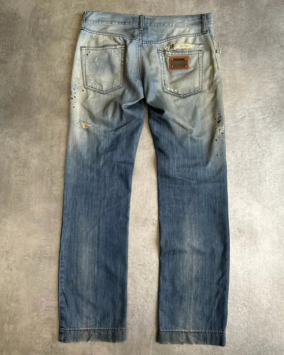 AW2005 Dolce & Gabbana Blue Denim Faded Painted Jeans (M/L) 4