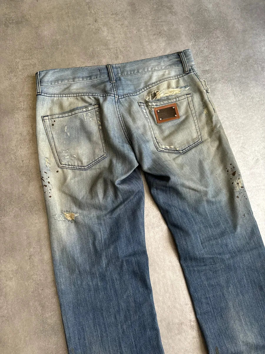 AW2005 Dolce & Gabbana Blue Denim Faded Painted Jeans (M/L) 9