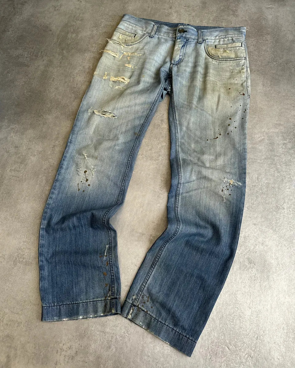 AW2005 Dolce & Gabbana Blue Denim Faded Painted Jeans (M/L) 8