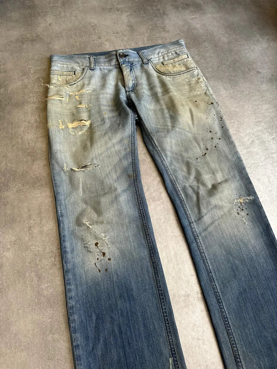 AW2005 Dolce & Gabbana Blue Denim Faded Painted Jeans (M/L) 7