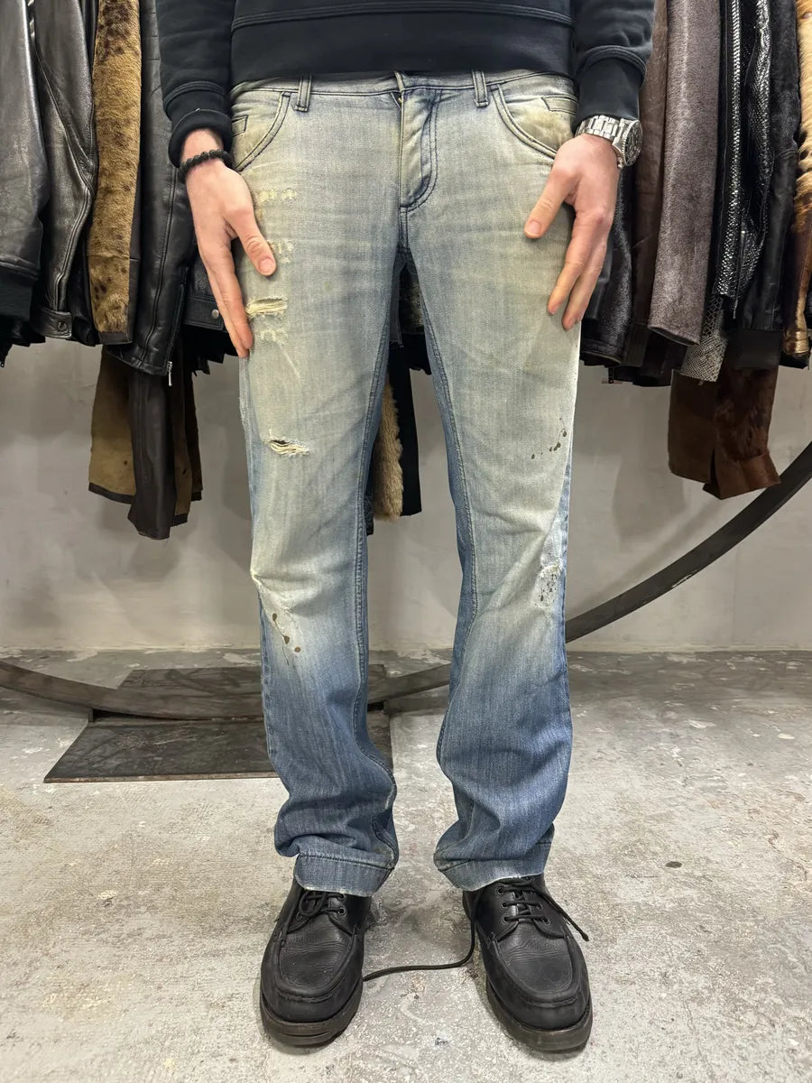 AW2005 Dolce & Gabbana Blue Denim Faded Painted Jeans (M/L) 0