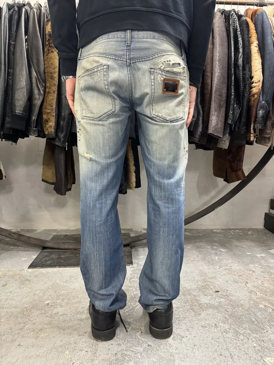 AW2005 Dolce & Gabbana Blue Denim Faded Painted Jeans (M/L) 2
