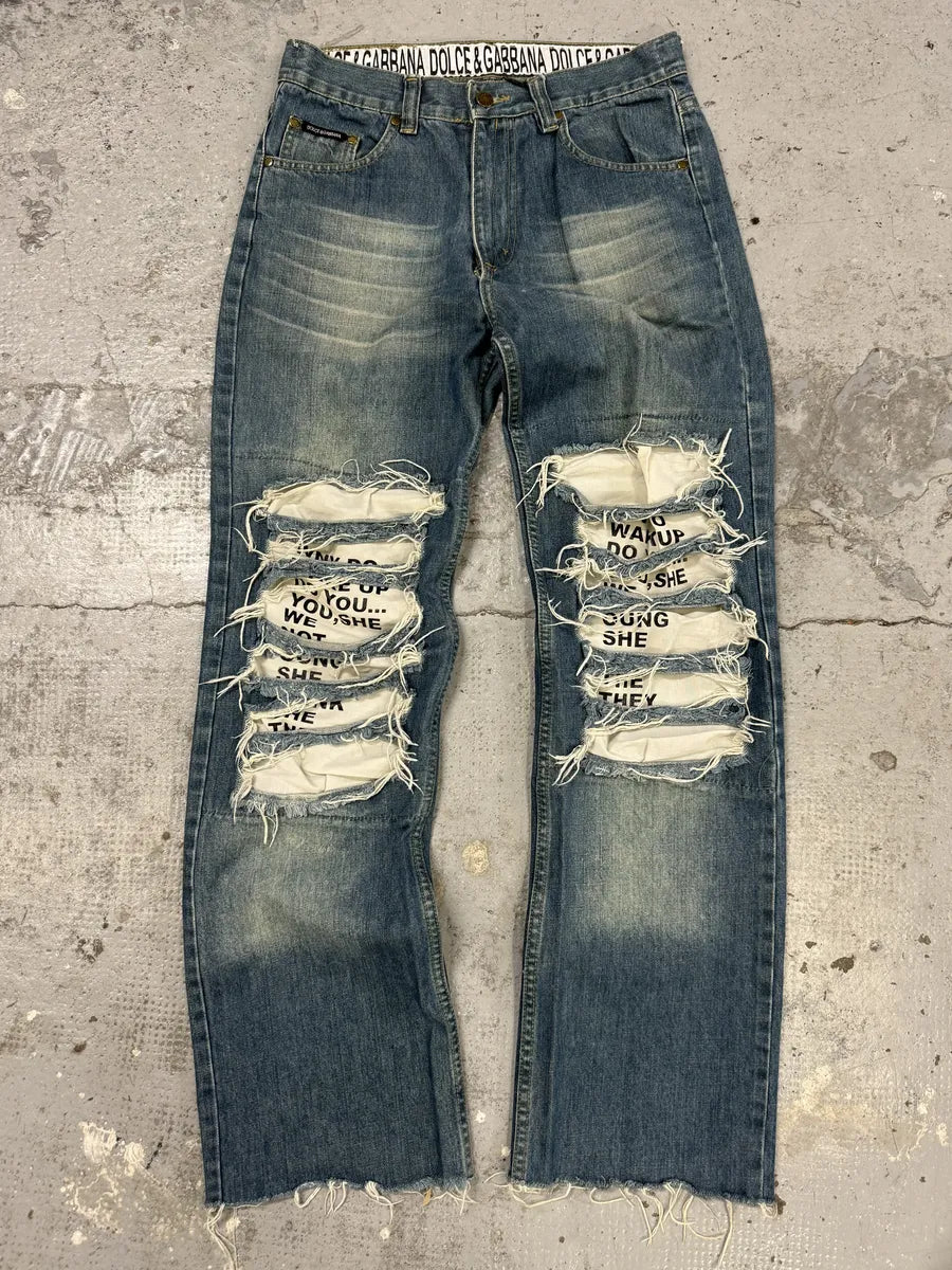 AW2005 Dolce & Gabbana Blue Distressed Poem Denim Jeans NaoLhqi 3