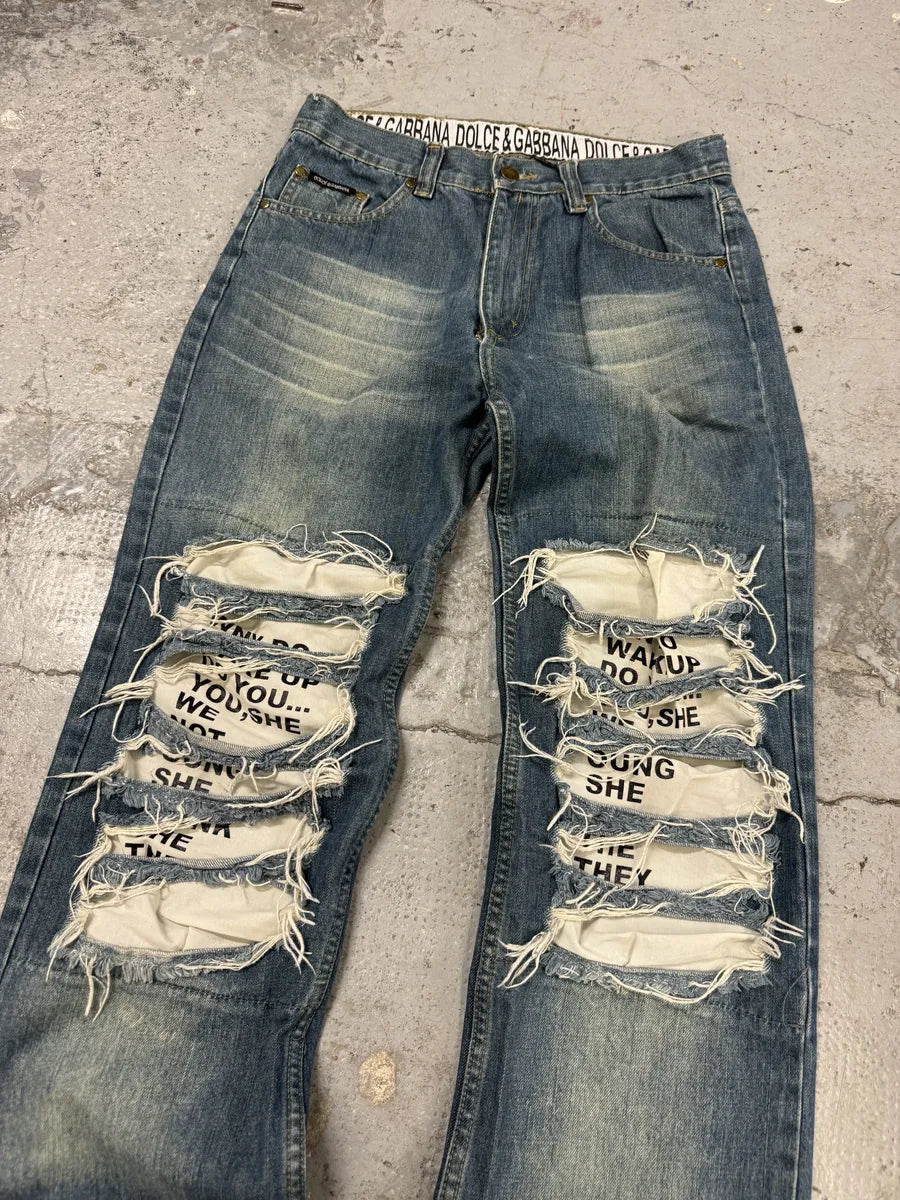 AW2005 Dolce & Gabbana Blue Distressed Poem Denim Jeans NaoLhqi 5
