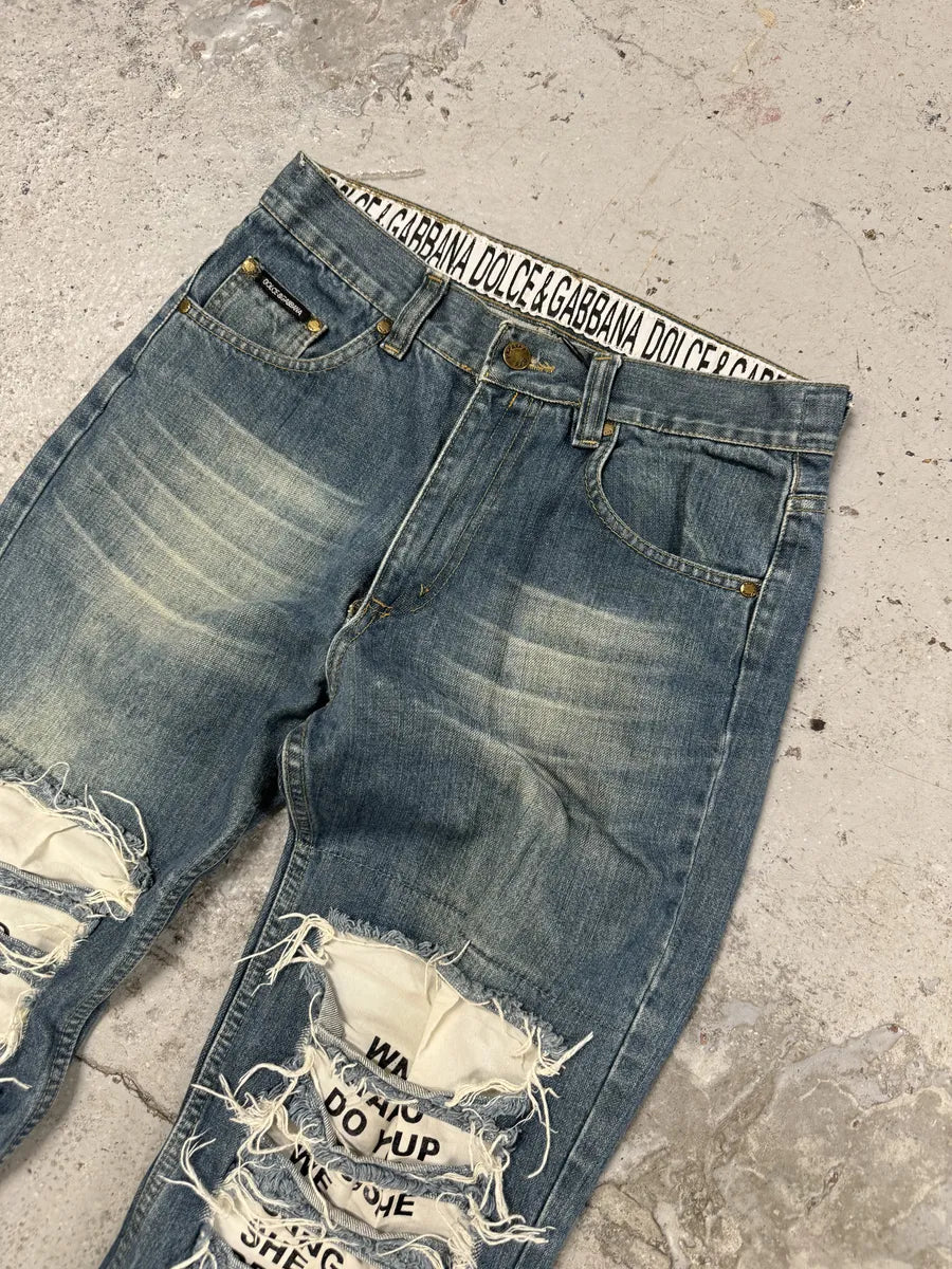 AW2005 Dolce & Gabbana Blue Distressed Poem Denim Jeans NaoLhqi 9