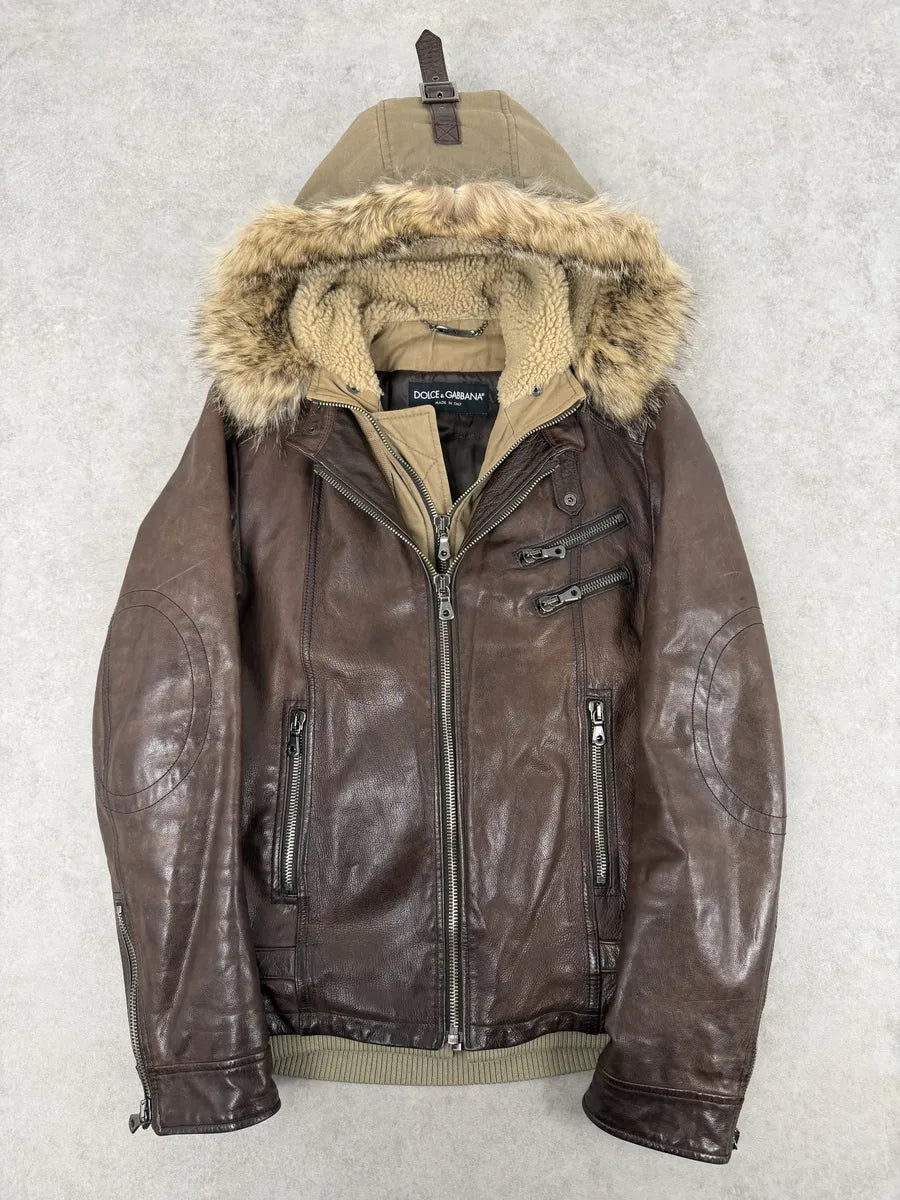 AW2005 Dolce & Gabbana Brown Fur Hooded Buffalo Leather Jacket GvsceDe 0