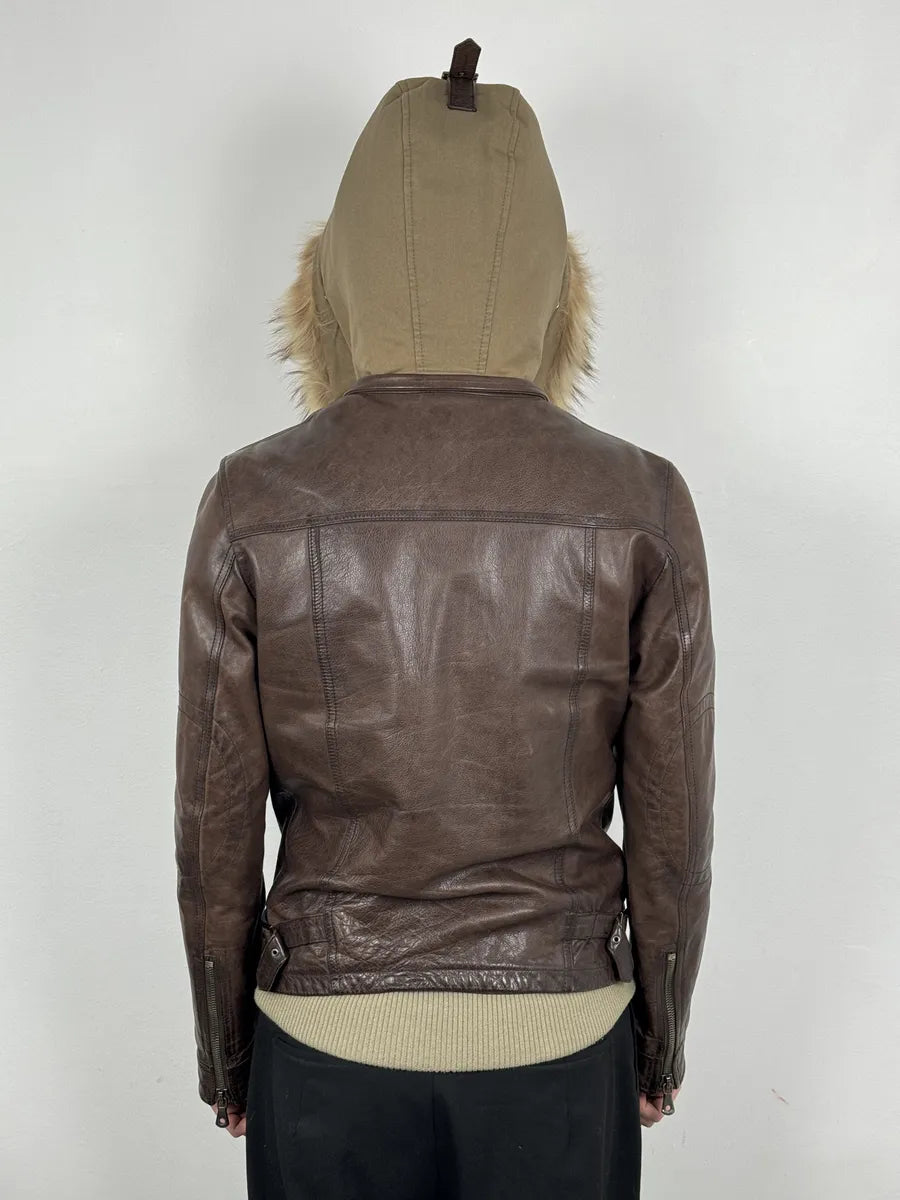 AW2005 Dolce & Gabbana Brown Fur Hooded Buffalo Leather Jacket GvsceDe 1
