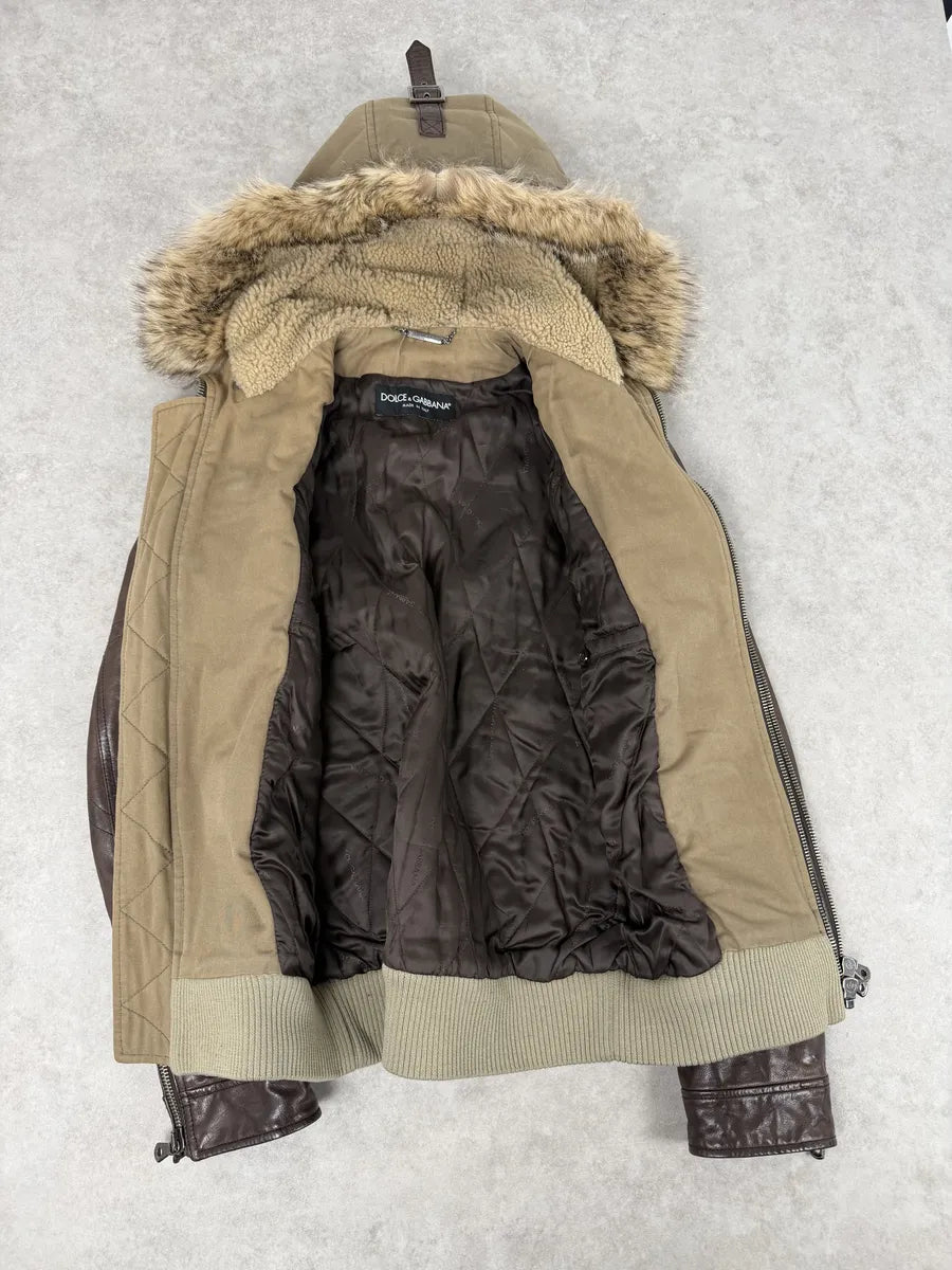 AW2005 Dolce & Gabbana Brown Fur Hooded Buffalo Leather Jacket GvsceDe 10