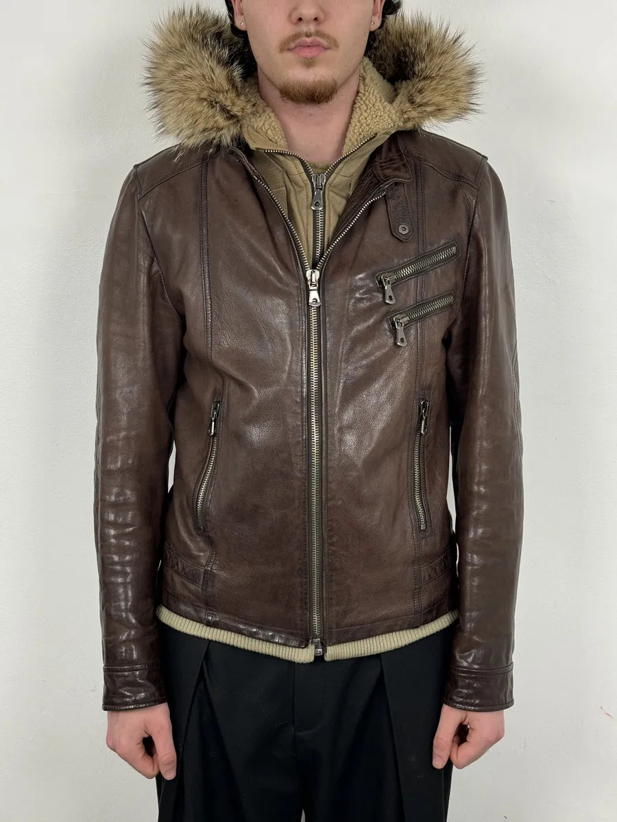 AW2005 Dolce & Gabbana Brown Fur Hooded Buffalo Leather Jacket GvsceDe 2