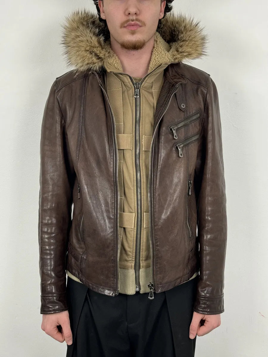 AW2005 Dolce & Gabbana Brown Fur Hooded Buffalo Leather Jacket GvsceDe 3