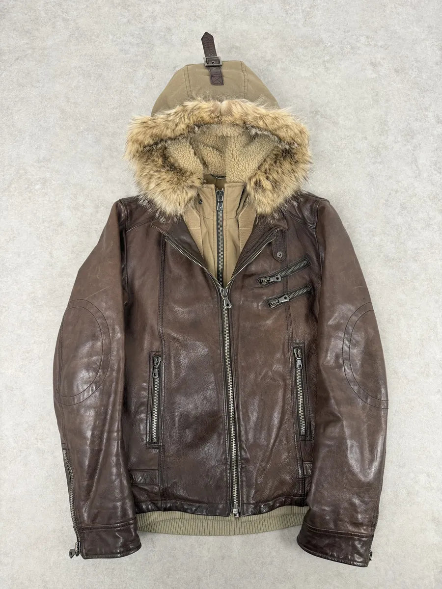 AW2005 Dolce & Gabbana Brown Fur Hooded Buffalo Leather Jacket GvsceDe 4