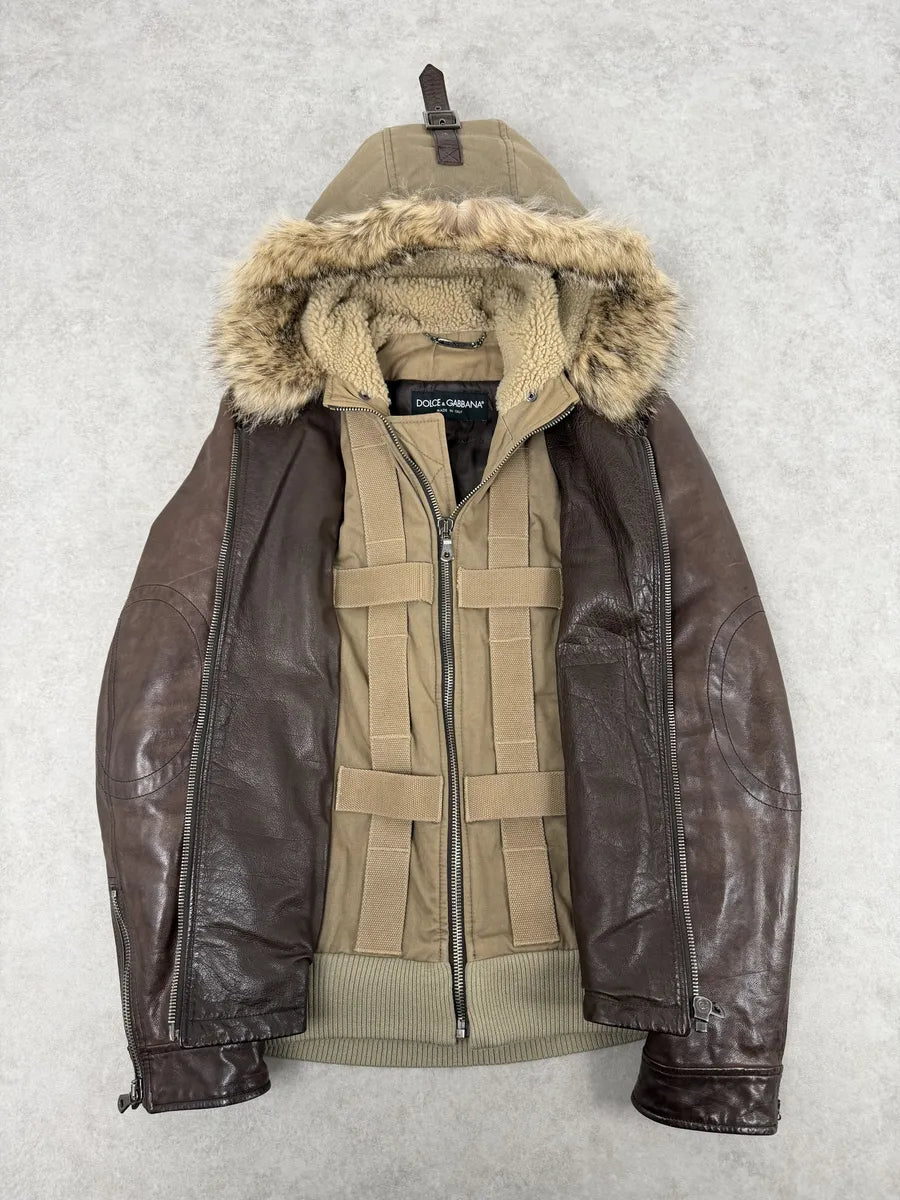 AW2005 Dolce & Gabbana Brown Fur Hooded Buffalo Leather Jacket GvsceDe 5