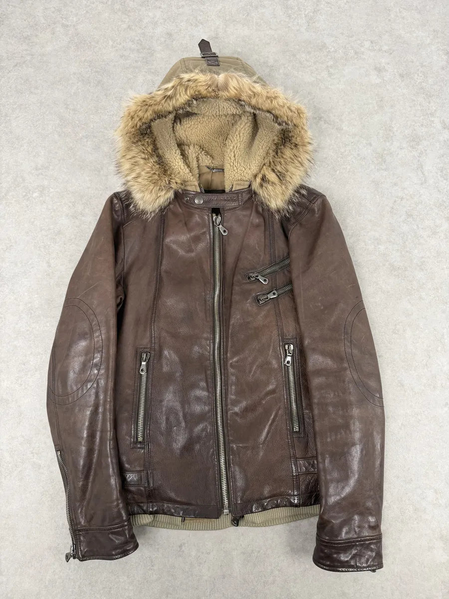 AW2005 Dolce & Gabbana Brown Fur Hooded Buffalo Leather Jacket GvsceDe 8