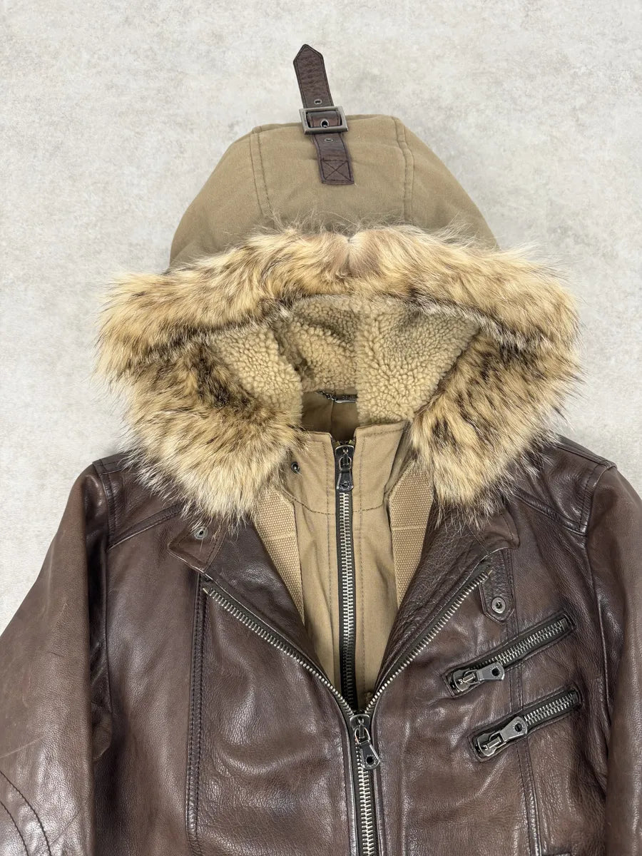 AW2005 Dolce & Gabbana Brown Fur Hooded Buffalo Leather Jacket GvsceDe 9