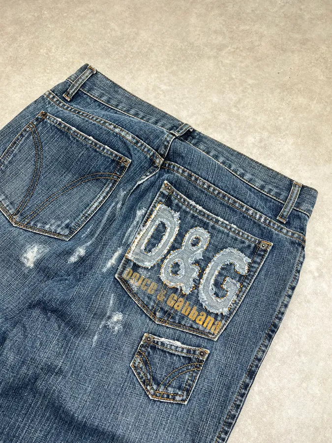 AW2005 Dolce & Gabbana Distressed Back Logo Blue Denim Jeans pHDwtXj 7